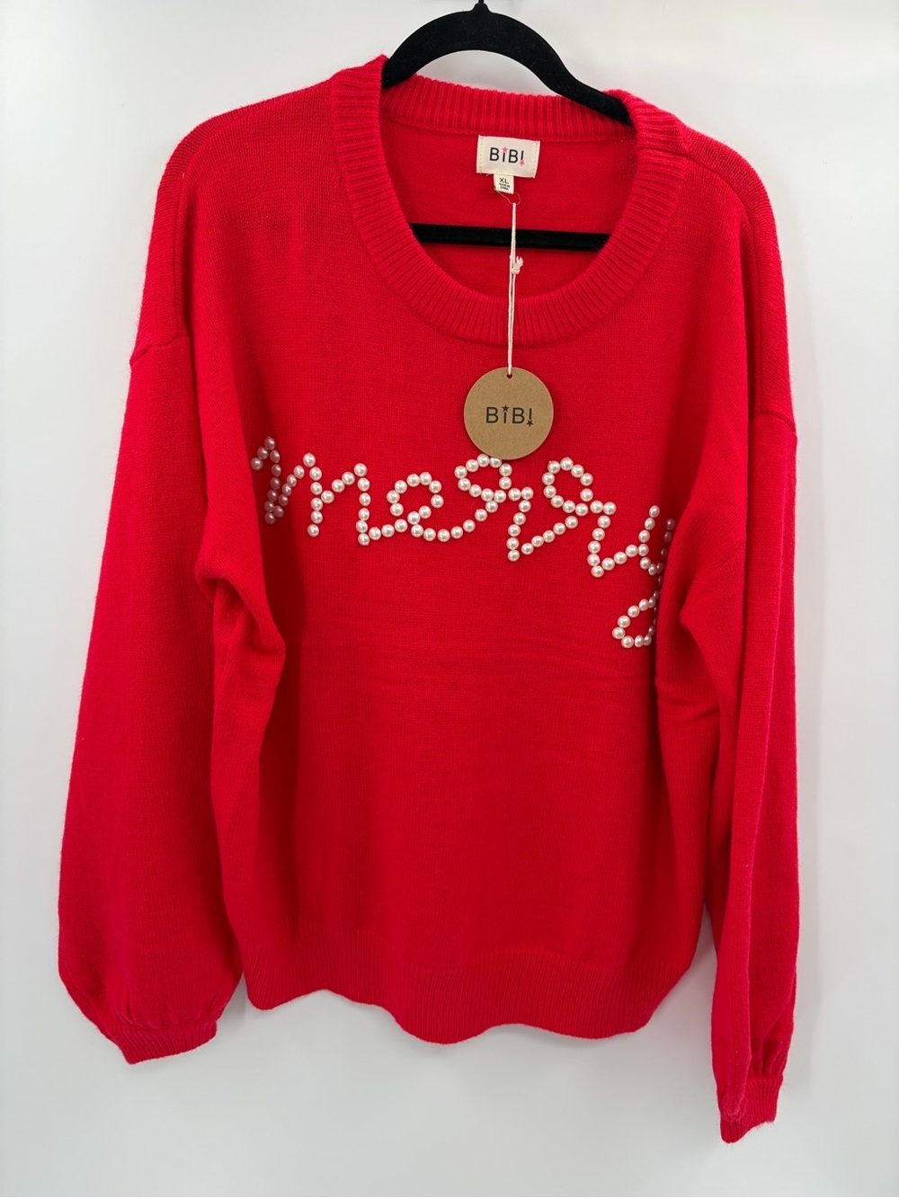 BiBi merry Christmas Pearl Embellished Sweater red Knit Pullover size xl NWT
